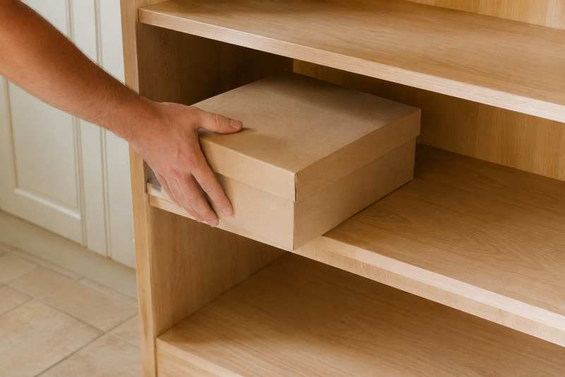 Étagère de bois vidée, boîte à chaussures encore posée sur la planche du haut