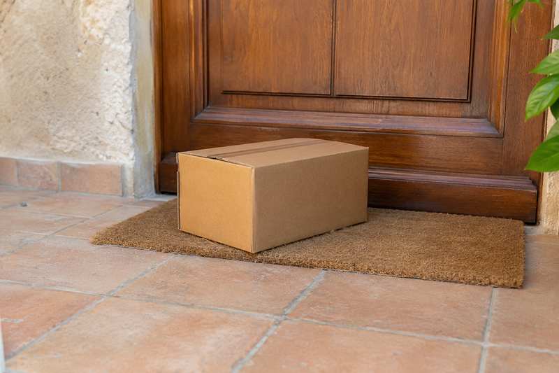 Carton fermé et étiqueté posé devant une porte palière, sur un paillasson