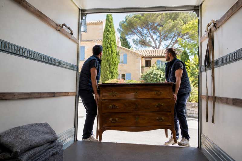 Chargement d'une commode ancienne dans un fourgon au cours d'un débarras varois