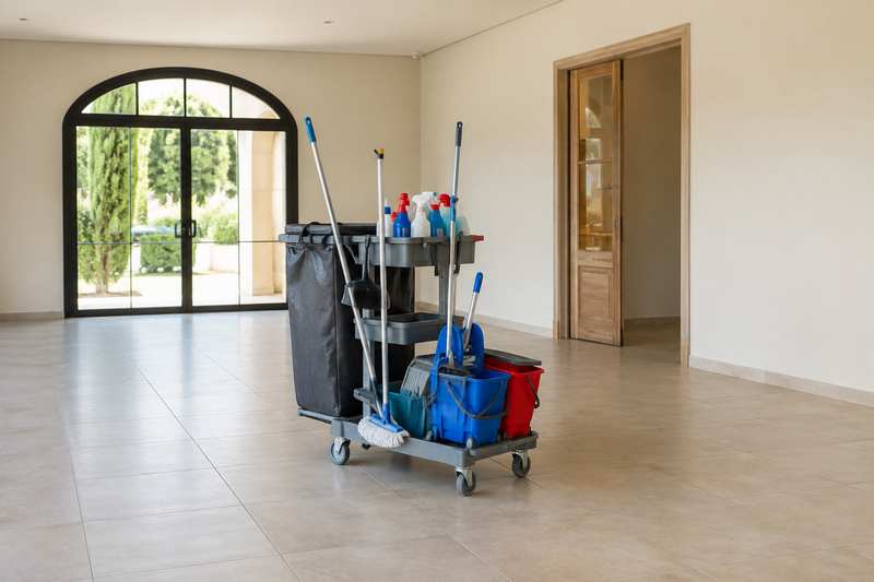 Chariot d'entretien prêt à l'emploi devant une pièce dégagée d'un appartement