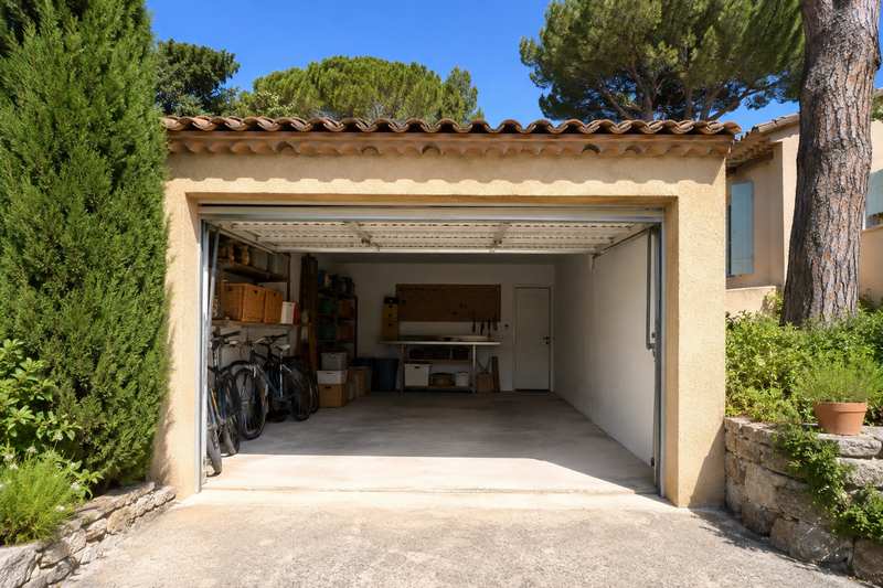 Garage à porte basculante, établi encombré, vélos et caisses empilées