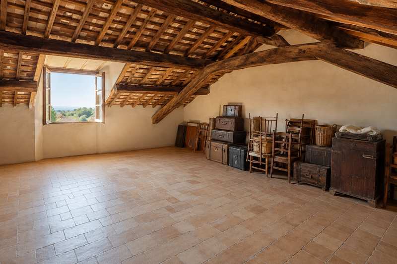 Grenier sous charpente éclairé par une lucarne, malles et chaises empilées