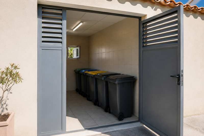 Local à poubelles d'une copropriété, bacs alignés avant évacuation d'un lot