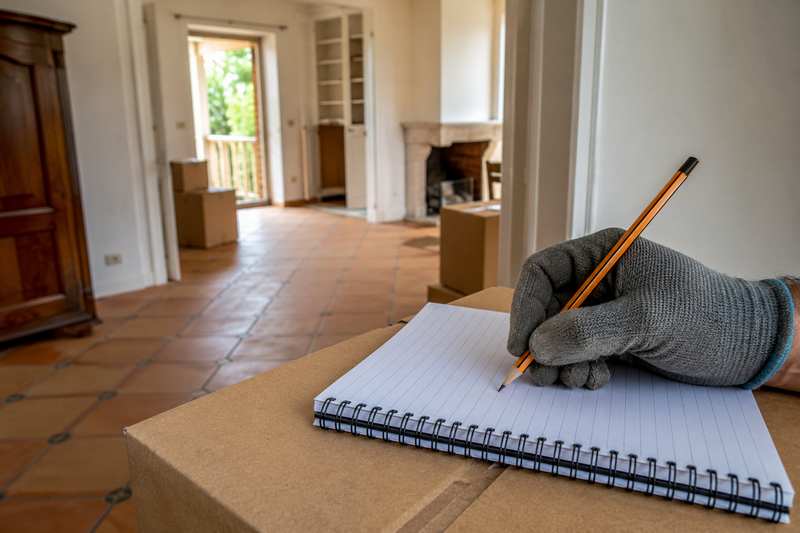 Main gantée notant un inventaire sur un carnet posé sur un carton fermé