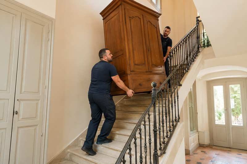 Manutentionnaires descendant une armoire ancienne par un escalier en fer forgé