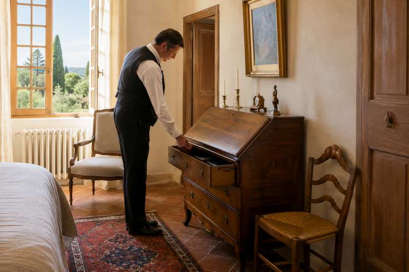 Tiroir d'un secrétaire en noyer ouvert dans une chambre ancienne