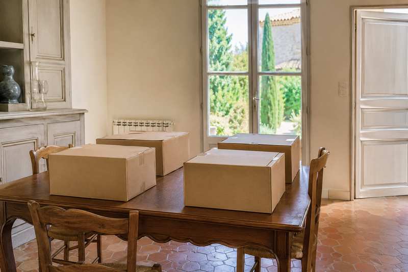 Quatre caisses en carton posées sur une table de salle à manger aux tomettes