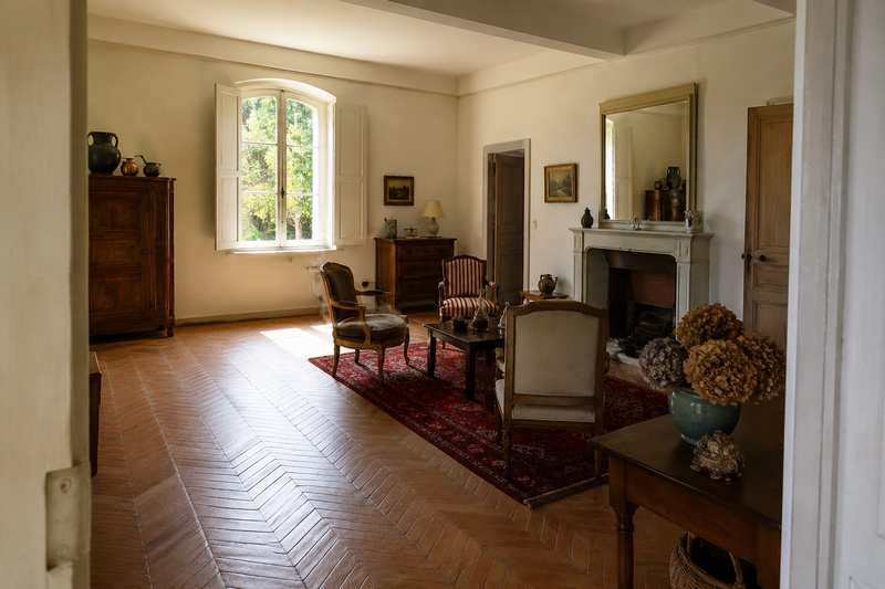 Salon à moitié vidé derrière des volets en bois, en Provence