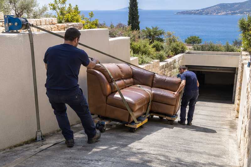 Canapé d'angle en cuir retenu au treuil sur la rampe, Aix-en-Provence, Les Platanes