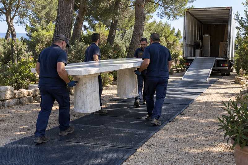 Plaques de roulage sur l'allée sableuse, table en marbre portée, Aix-en-Provence, Puyricard