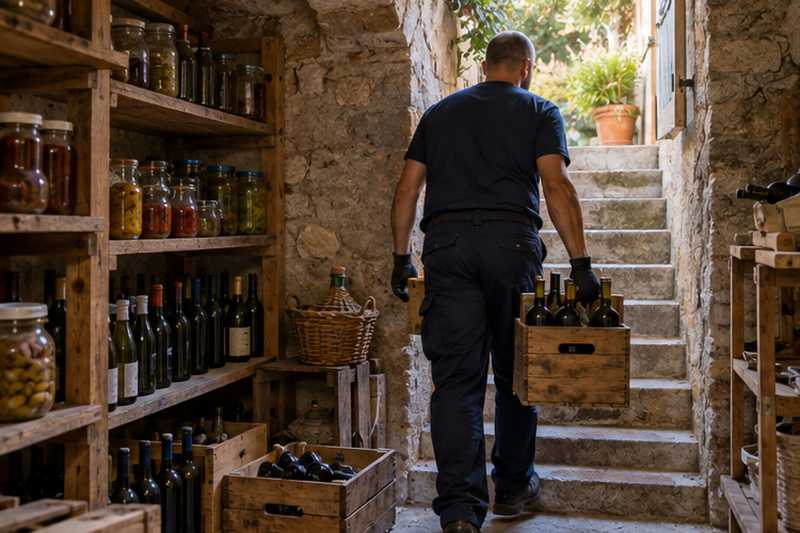 Cave de bocaux et de bouteilles vidée caisse par caisse, Antibes, Albert Ier