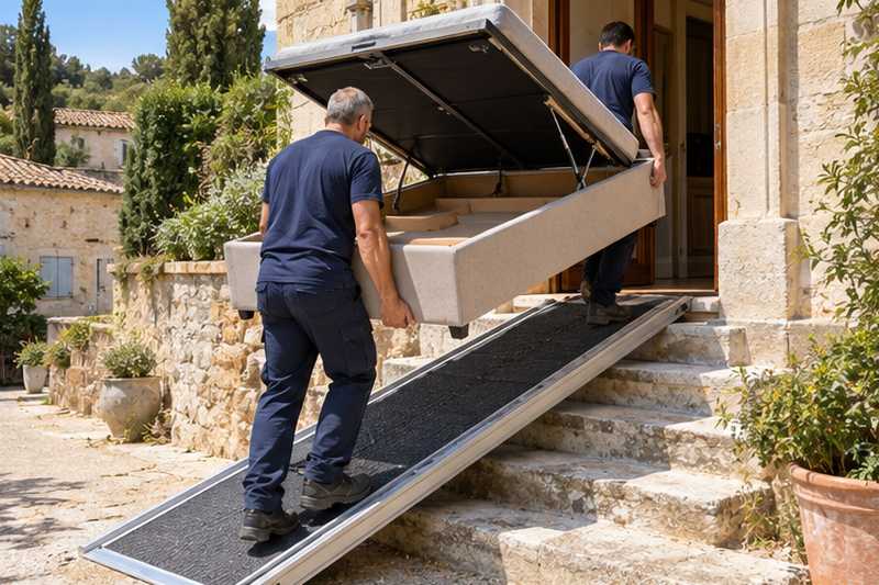 Lit coffre sorti par la passerelle posée sur les marches, Antibes, La Fontonne