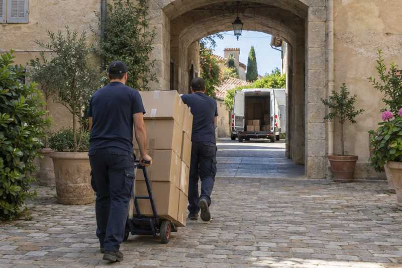 Portage à travers la cour jusqu'au camion garé plus loin, Antibes, Juan-les-Pins