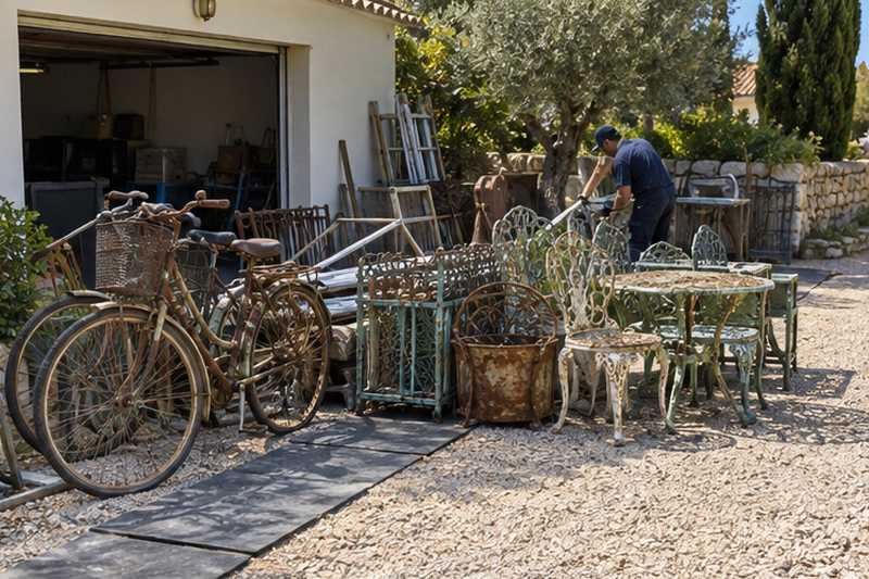Vélos rouillés et salon en fonte devant le garage, Antibes, Juan-les-Pins