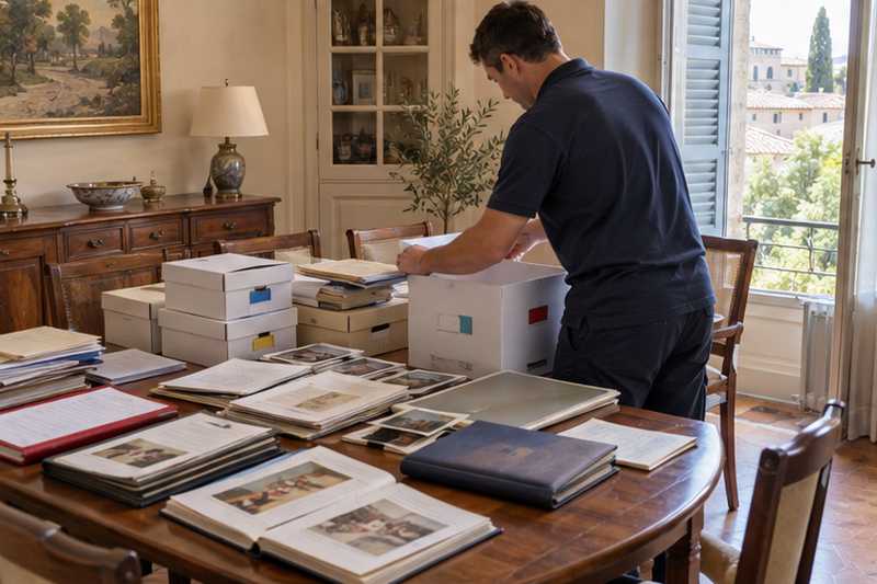 Papiers et photos triés et mis de côté pour la famille, Antibes, la Salis