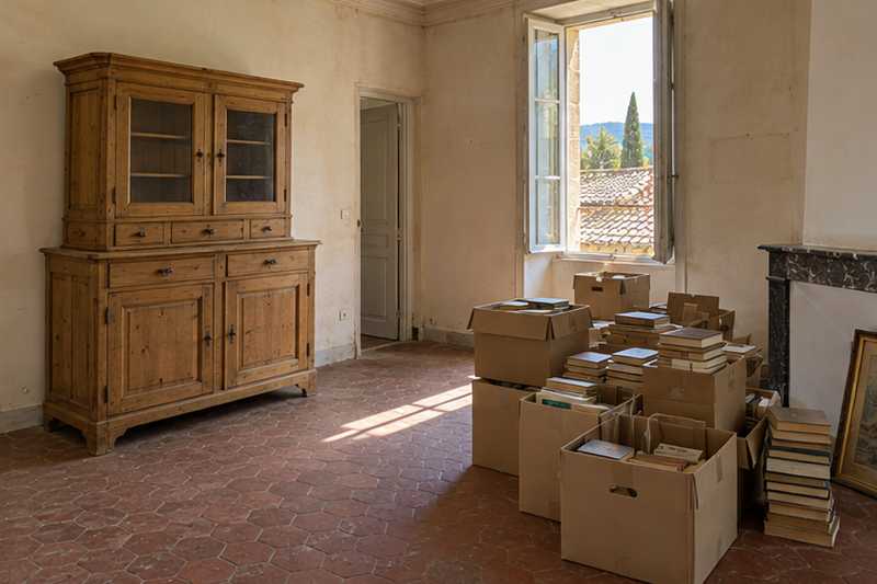 Cartons de livres et buffet deux corps prêts à sortir, Arles, la Roquette