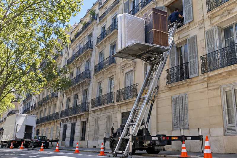 Sommier et armoire sortis par la fenêtre au monte-meubles, Cannes, Carnot