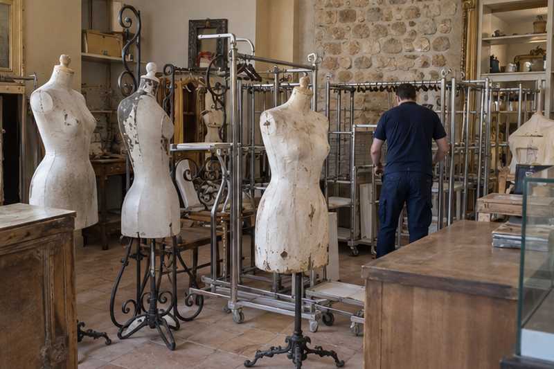 Portants et mannequins de vitrine rassemblés, Cannes, centre commerçant
