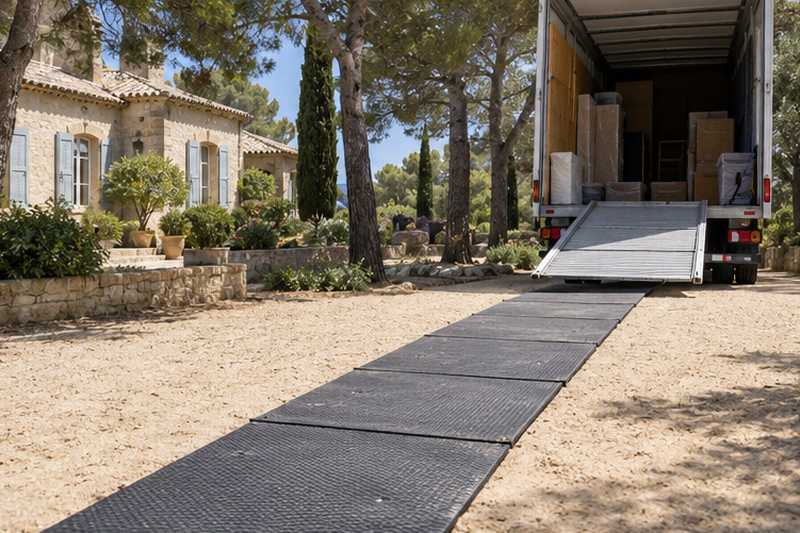 Plaques de roulage jusqu'au hayon du camion, Cannes, La Croix-des-Gardes