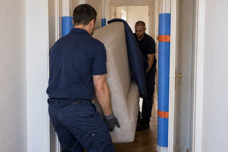 Canapé passé de biais par une porte aux chambranles protégés, Cannes, Montfleury