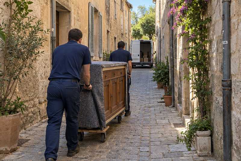Buffet sur diable dans une ruelle piétonne, vers l'utilitaire, Cannes, Le Suquet