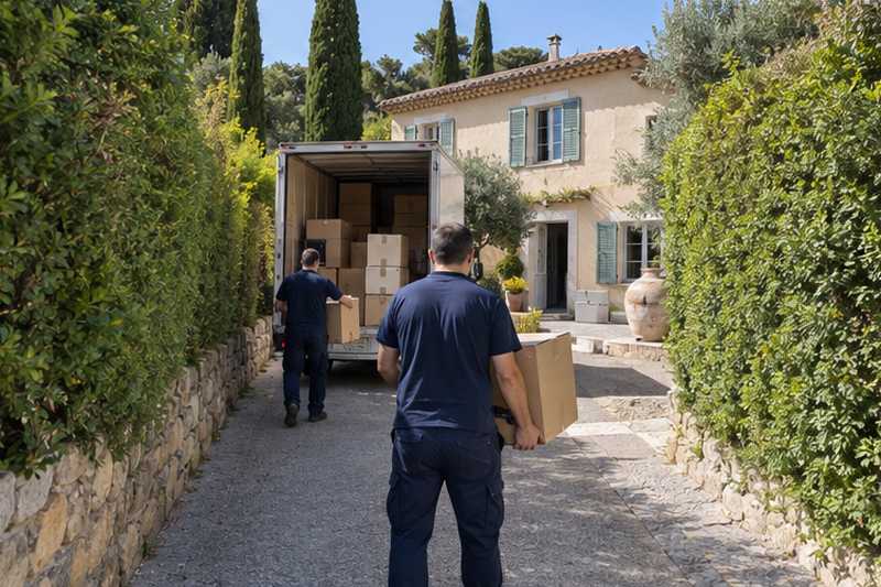 Accès étroit entre deux haies, cartons de vaisselle, Hyères, Costebelle