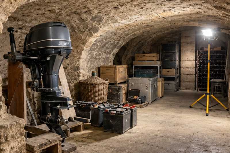Cave voûtée éclairée, moteur et batteries à évacuer, Marseille 1er