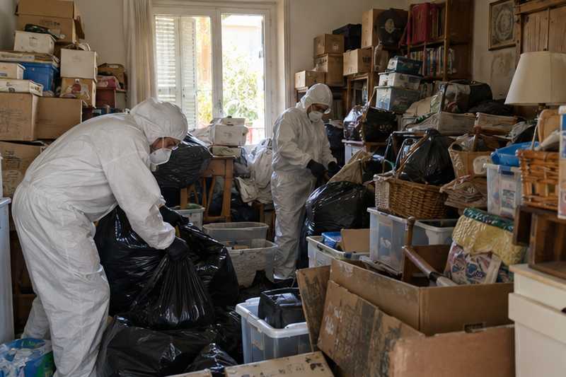 Logement encombré, équipe en tenue de protection, Marseille 3e, Belle de Mai