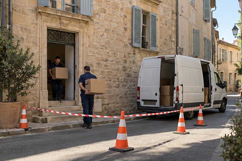 Rue balisée devant l'immeuble, cartons sortis vers l'utilitaire, Marseille 5e, La Plaine
