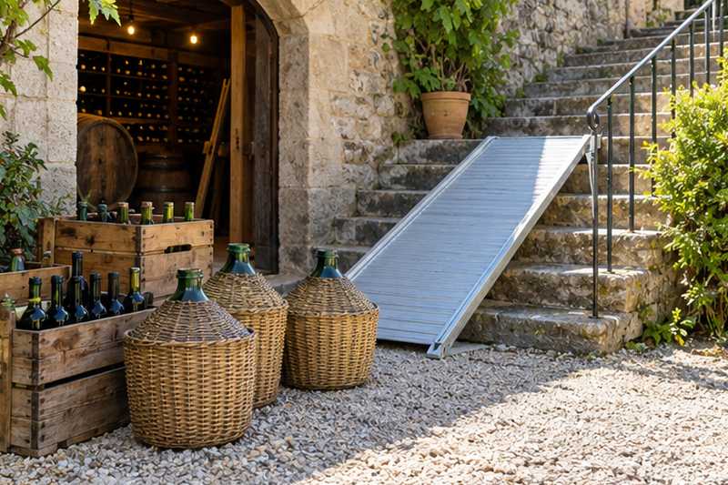 Dames-jeannes et caisses de bouteilles près de la passerelle, Martigues, Jonquières
