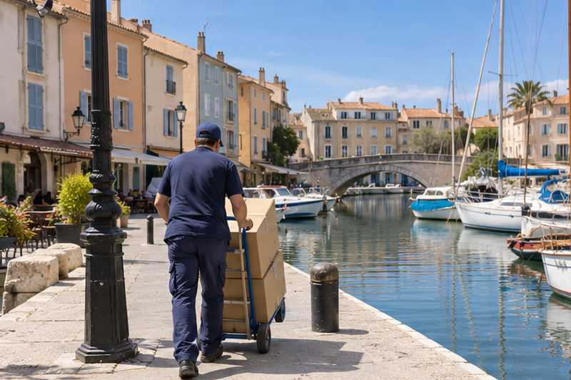Portage au diable le long d'un quai étroit, Martigues, quartier de l'Île