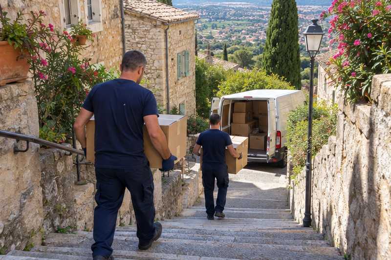 Cartons portés dans des escaliers publics jusqu'à l'utilitaire, Menton, vieille ville