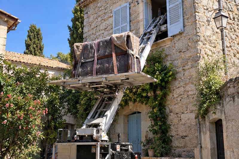Mobilier d'époque descendu le long d'une façade en pierre, Nice, centre