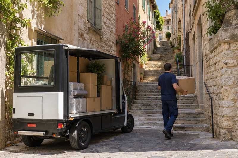 Petit utilitaire électrique au pied d'une ruelle en escaliers, Nice, Vieux-Nice