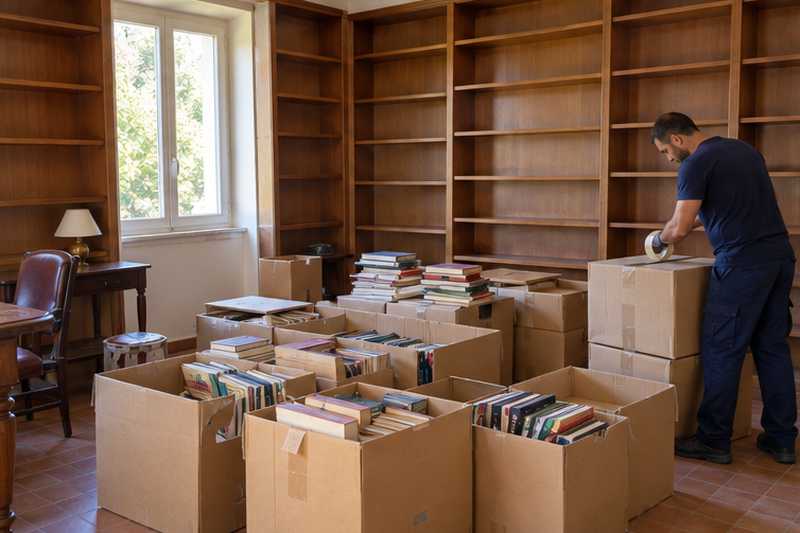 Bibliothèque mise en cartons, étagères vidées, Saint-Raphaël, Valescure