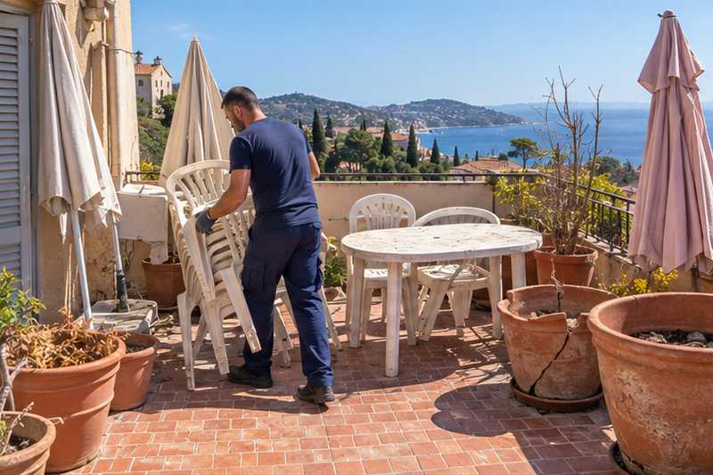 Terrasse encombrée de mobilier de jardin en cours de vidage, Sainte-Maxime