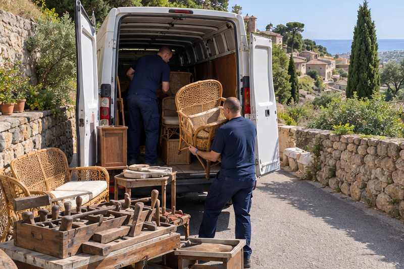 Salon en rotin et outillage chargés dans la navette, Salon-de-Provence, Michelet