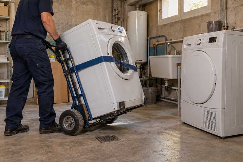 Lave-linge sanglé sur diable dans la buanderie, Sanary-sur-Mer, Portissol