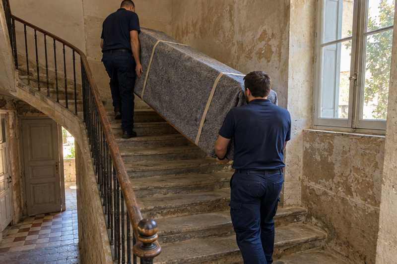 Enfilade protégée descendue dans l'escalier de pierre, Toulon, centre ancien