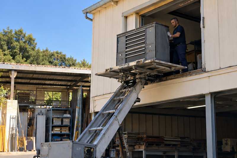 Meuble d'atelier sorti par la trappe au monte-meubles, Toulon, Mayol
