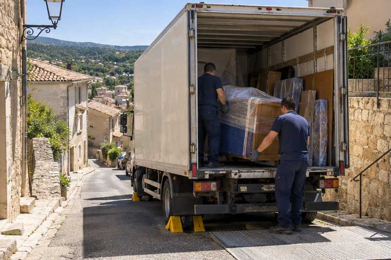 Camion calé dans une rue en pente pendant le chargement, Toulon, Le Mourillon