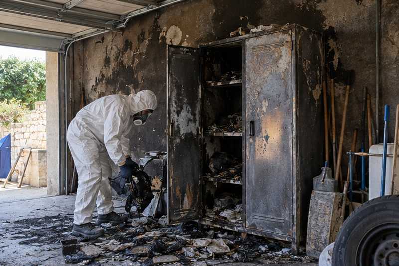 Garage noirci après incendie, équipe en combinaison, Toulon, Le Mourillon