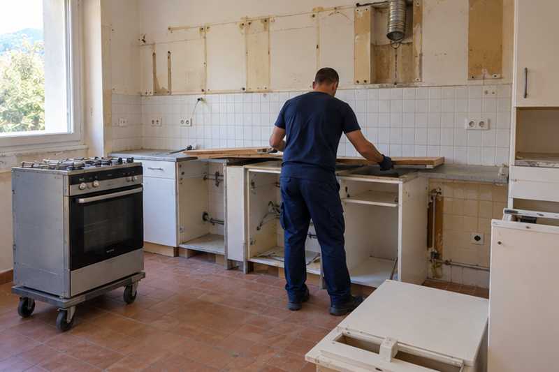 Cuisine équipée en cours de dépose, Villefranche-sur-Mer, colline de la Rade